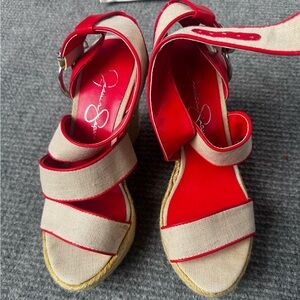 Jessica Simpson Red and Cream Wedge Sandals Size 5.5